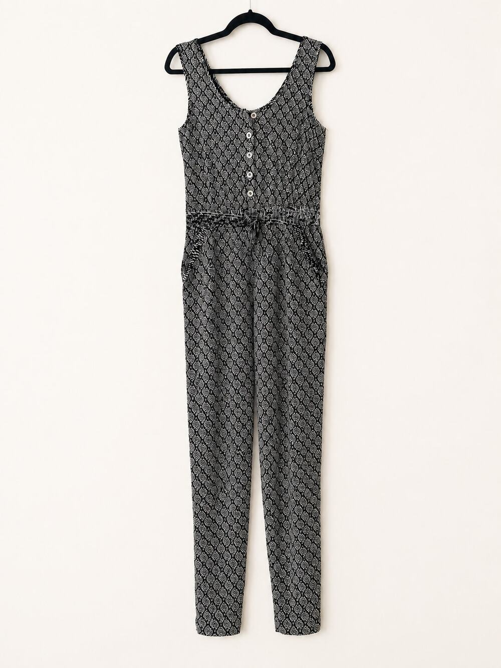 Papillon Sleeveless Jumpsuit S Black White Mixed Print Smocked Waist Pockets